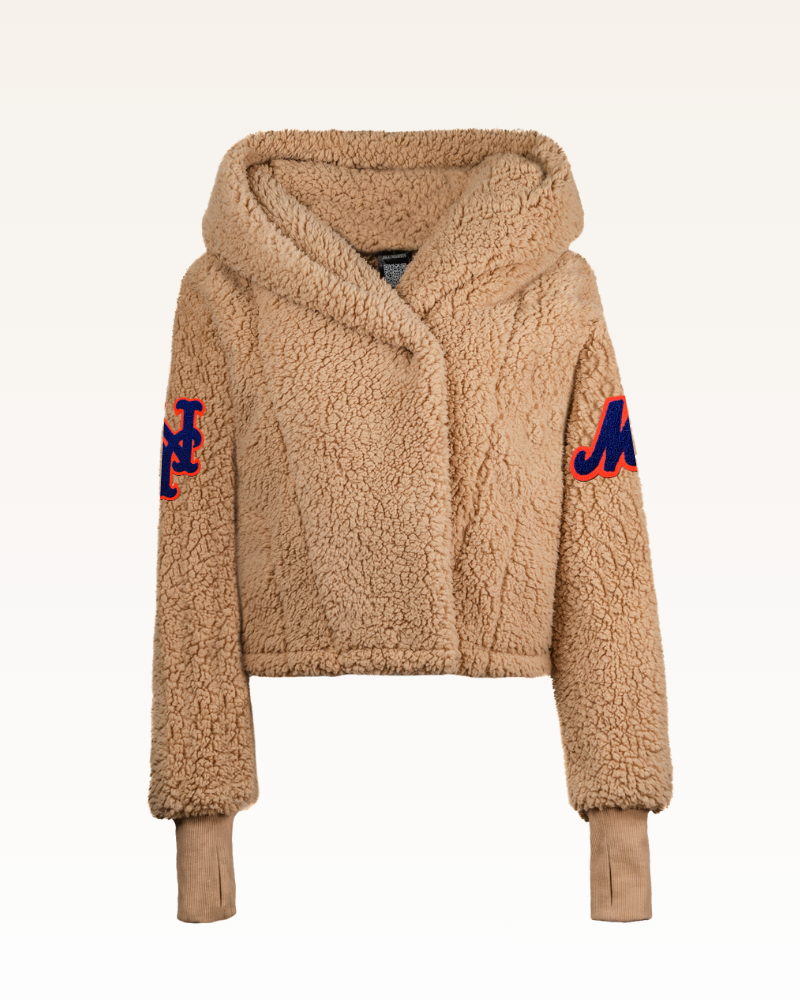 Beige fleece jacket with hood and 'NY' logo on sleeves against a white background