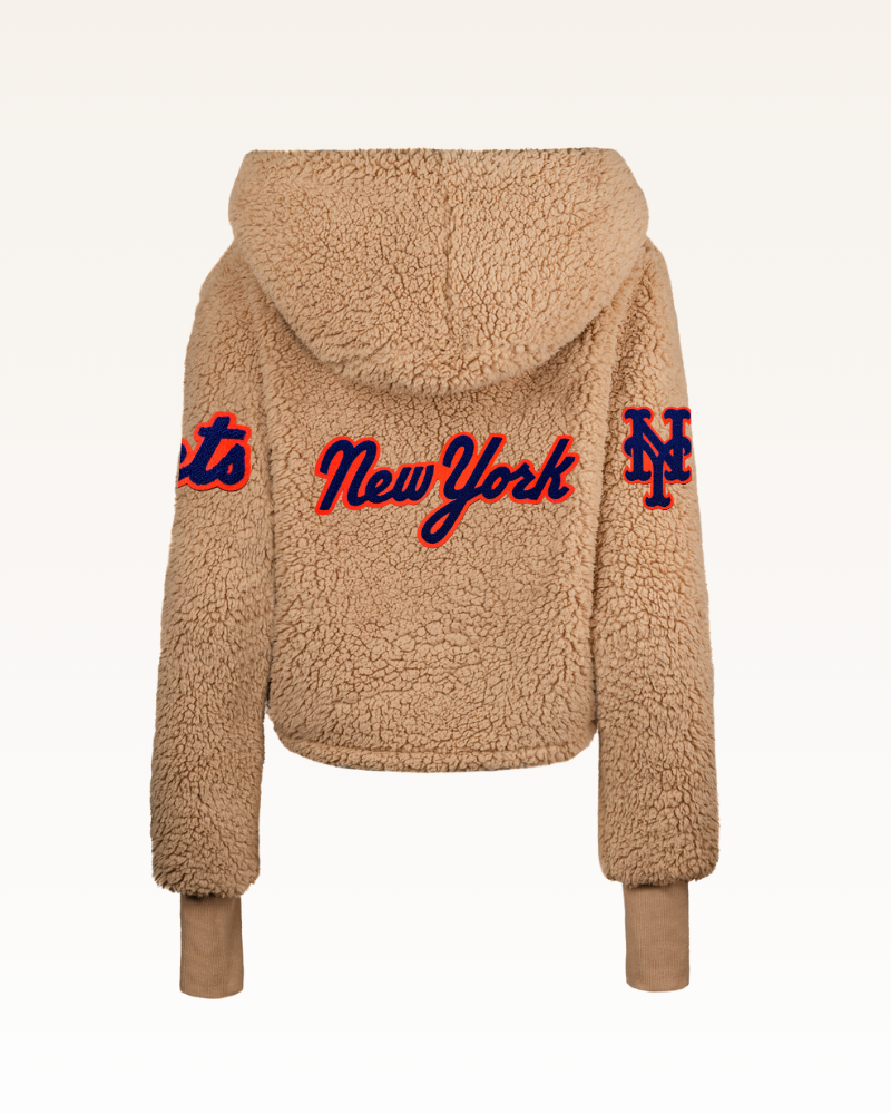 Beige fleece jacket with 'New York' and logo on a white background