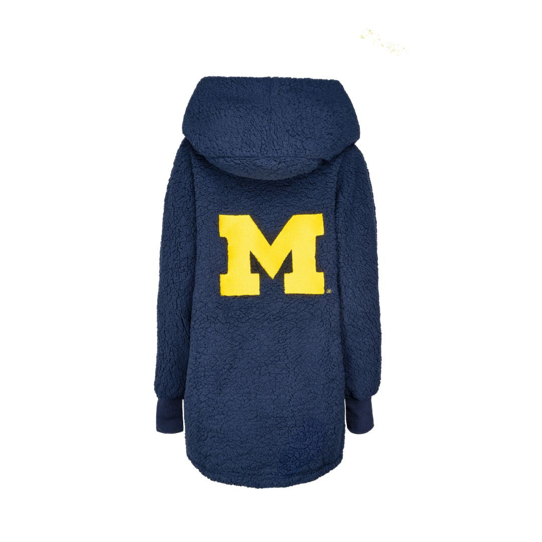 Jill Martins University of Michigan Lounger is a navy blue hooded fleece featuring a large yellow letter M on the back.