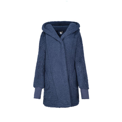 The University of Michigan Lounger by Jill Martin is a blue fleece hooded coat featuring plush, textured fabric, long sleeves with ribbed cuffs, and an open front design.