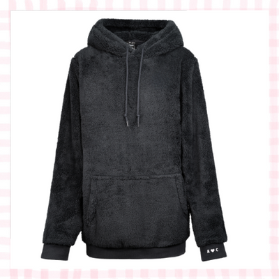 Black sherpa sweatshirt with 'A <3 C'  embroidered in delicate thread on the cuff.