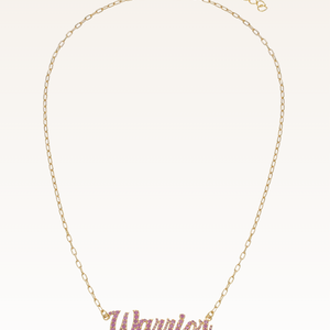 necklace with 'warrior' written in script with pink rhinestones