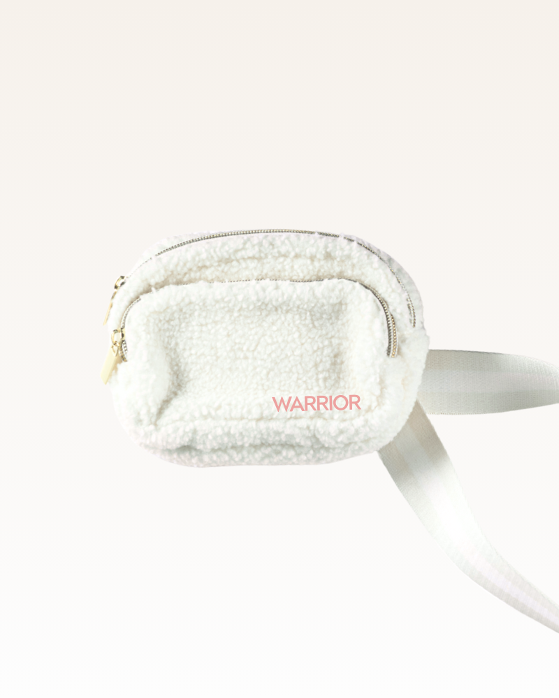 White fluffy pouch with a strap on a white background, featuring the brand 'Warrior'.
