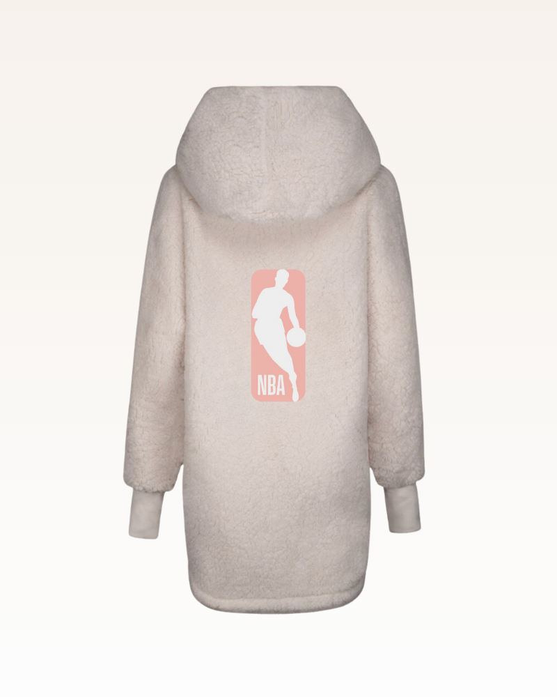 ivory sherpa hoodie with NBA logo on a white background