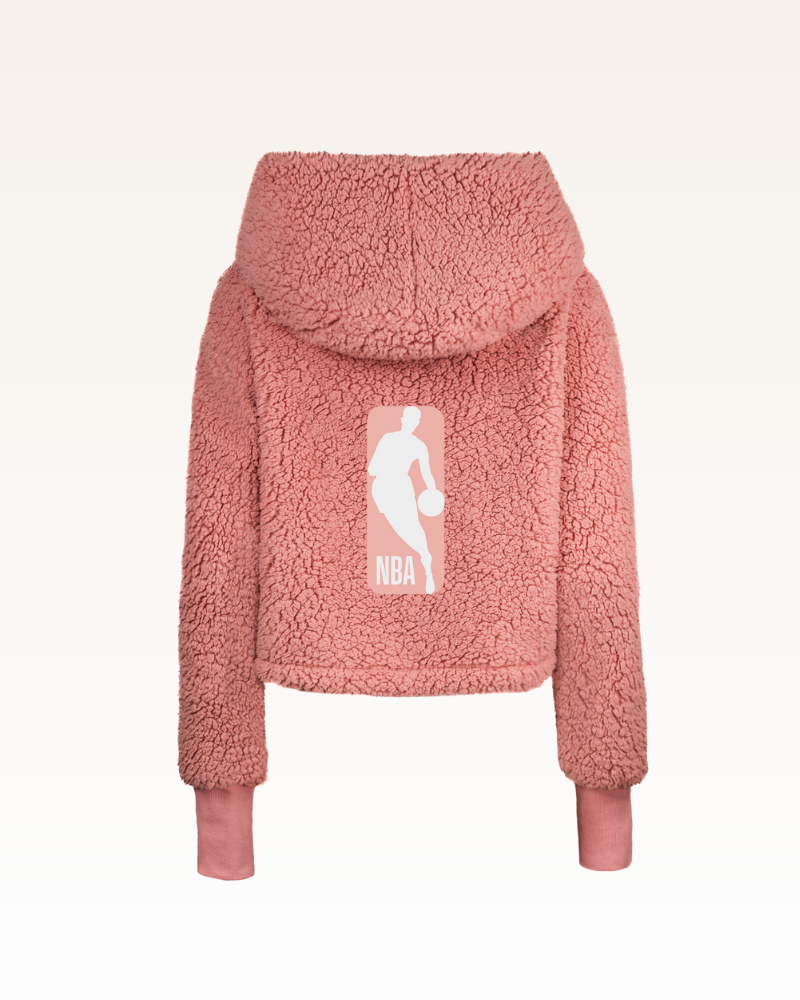 Pink sherpa jacket with a lnba ogo on the chest against a white background