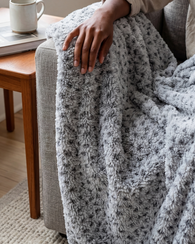 Person wrapped in a cozy gray blanket on a couch with a wooden side table and mug in the background.