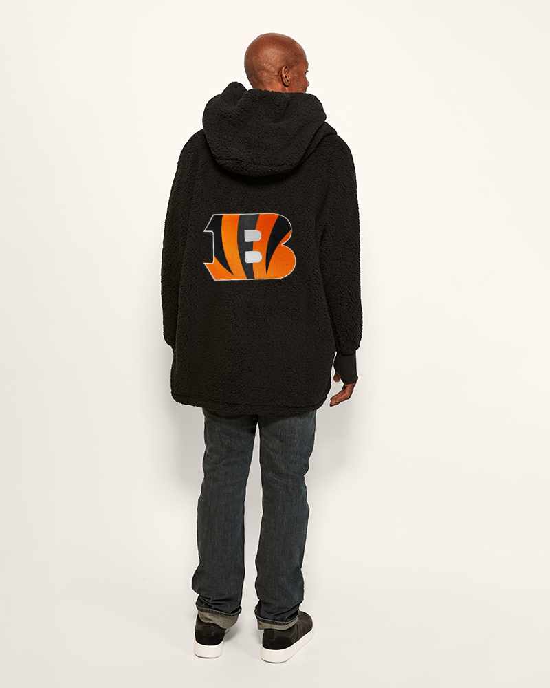 person wearing black lounger with Cincinnati Bengals logo