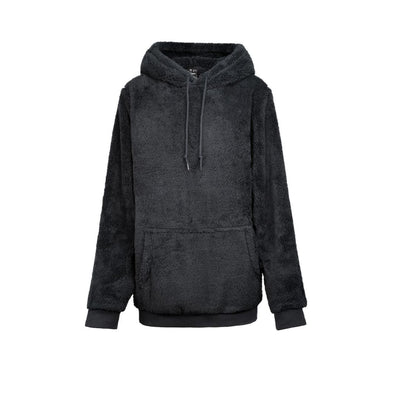 A black fleece hoodie from Jill Martin, the Classic Hoodie features long sleeves, a front pocket, and a drawstring hood. Its plush material is soft and designed for comfort and warmth.