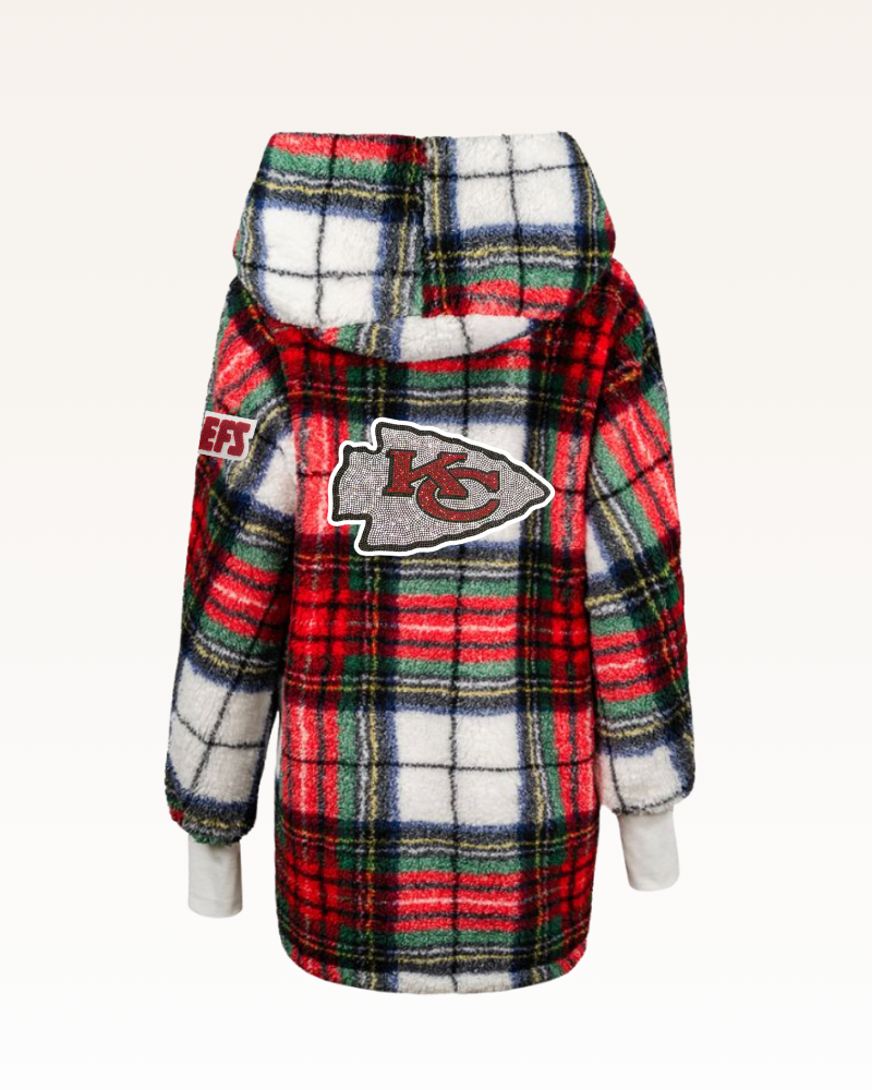 red, white, and green plaid sherpa lounger with Kansas City Chiefs logo and chiefs patch on the left arm