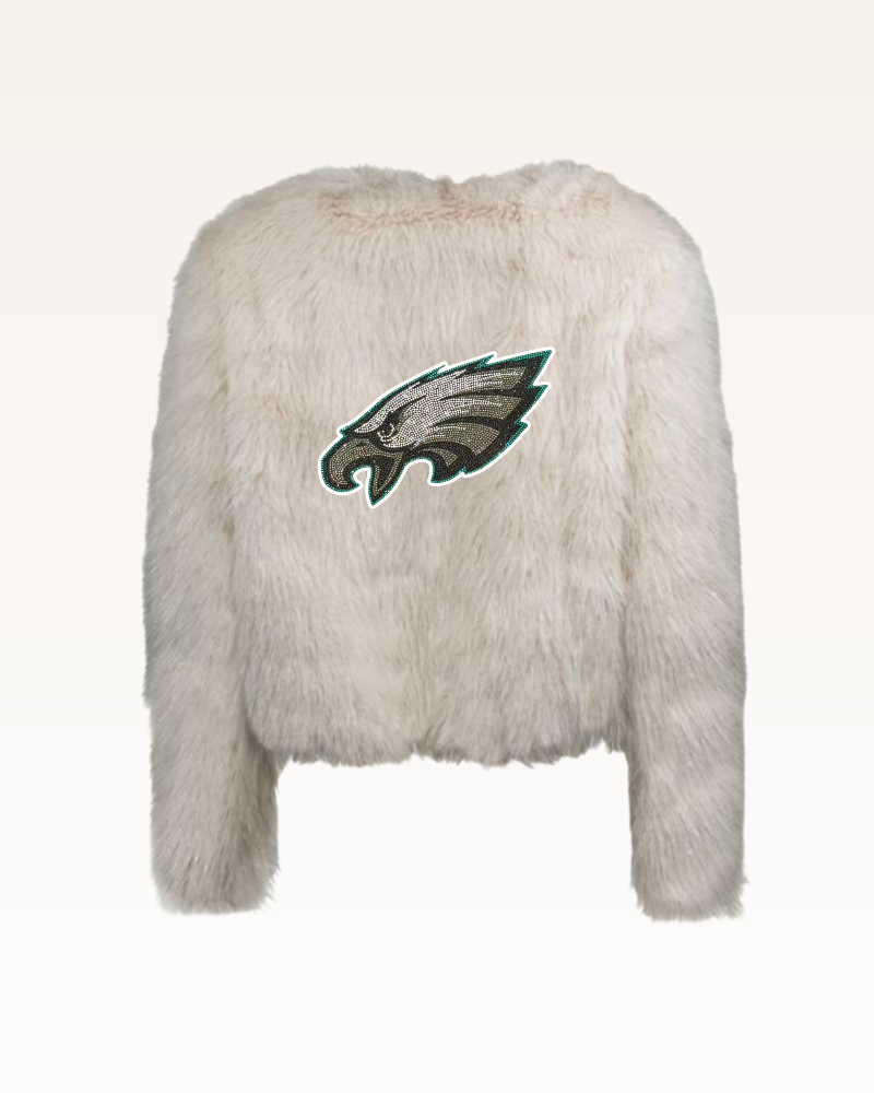 white faux fur jacket with Philadelphia eagles logo