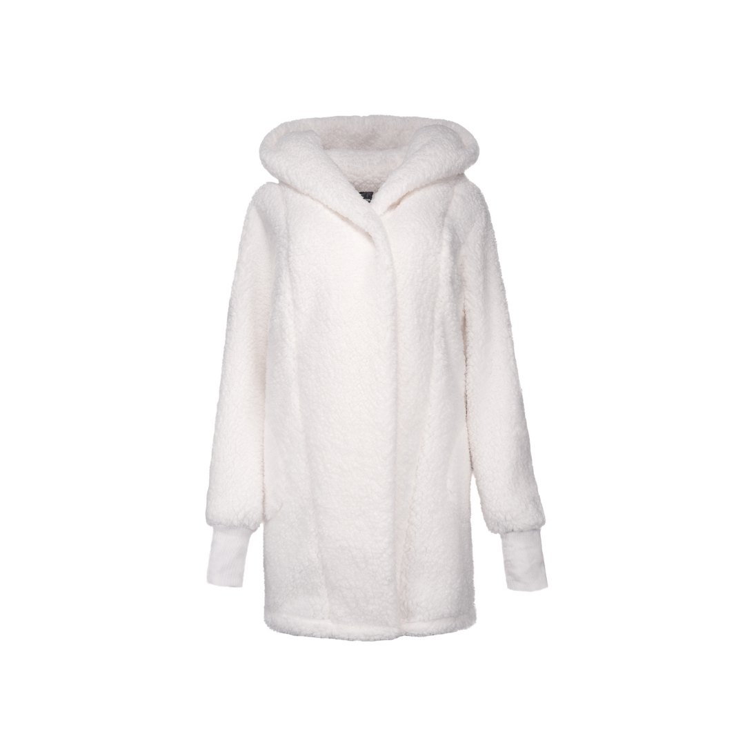 The Classic Lounger by Jill Martin is a cozy, plush hooded coat with long sleeves and textured fabric in white, ideal for colder weather and shown against a plain white background.