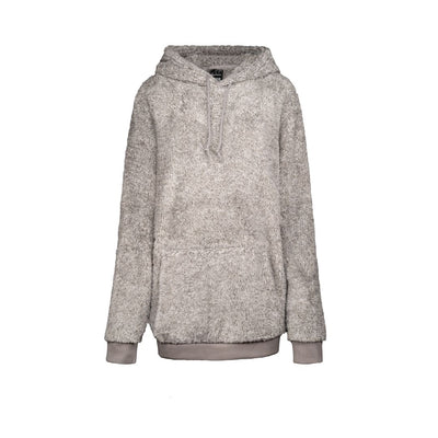 The Jill Martin Classic Hoodie in Heather Grey features a drawstring hood, long sleeves, large front pocket, and ribbed cuffs and hem. Its soft material is fluffy and cozy, perfect for casual wear.