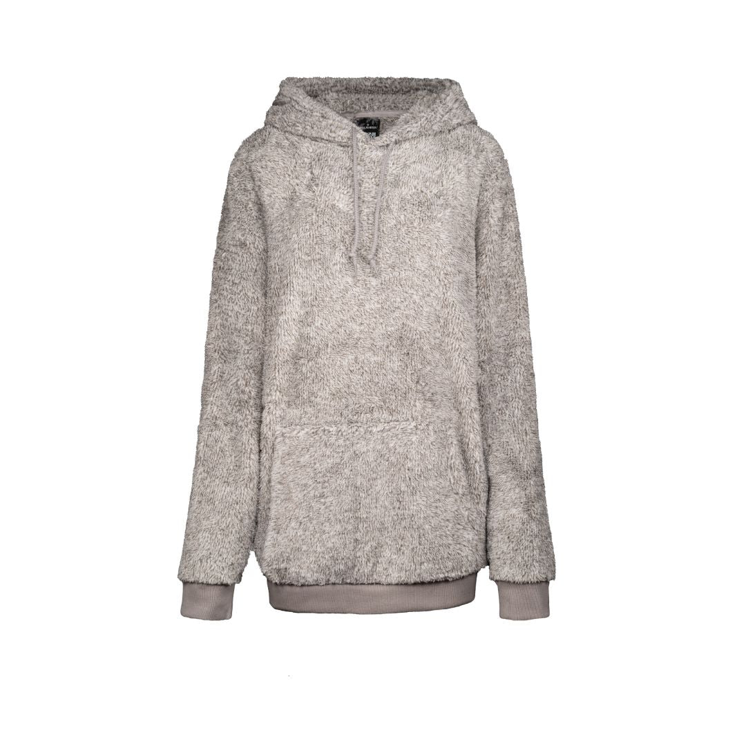 The Jill Martin Classic Hoodie in Heather Grey features a drawstring hood, long sleeves, large front pocket, and ribbed cuffs and hem. Its soft material is fluffy and cozy, perfect for casual wear.