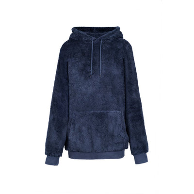 The Classic Hoodie by Jill Martin is a navy blue, fluffy hoodie featuring long sleeves, a front pocket, drawstring hood, and soft plush texture. It has darker ribbed fabric on the cuffs and hem.